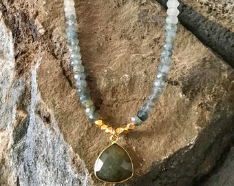 Labradorite Necklace, Gold Fill, Green Gemstones, Gold Beaded Chain Necklace, Labradorite Bezel Pendant, Moss Aquamarine, Gold and Green