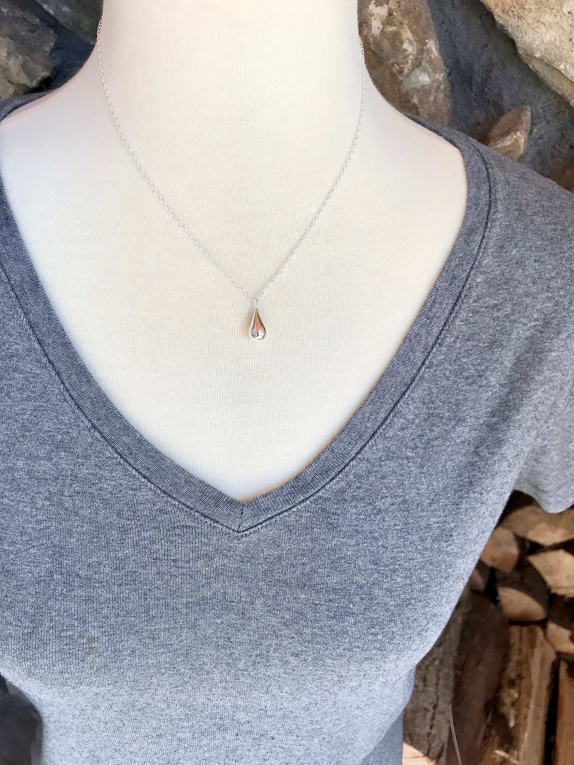 Silver Raindrop Necklace, Silver Teardrop, Simple Sterling