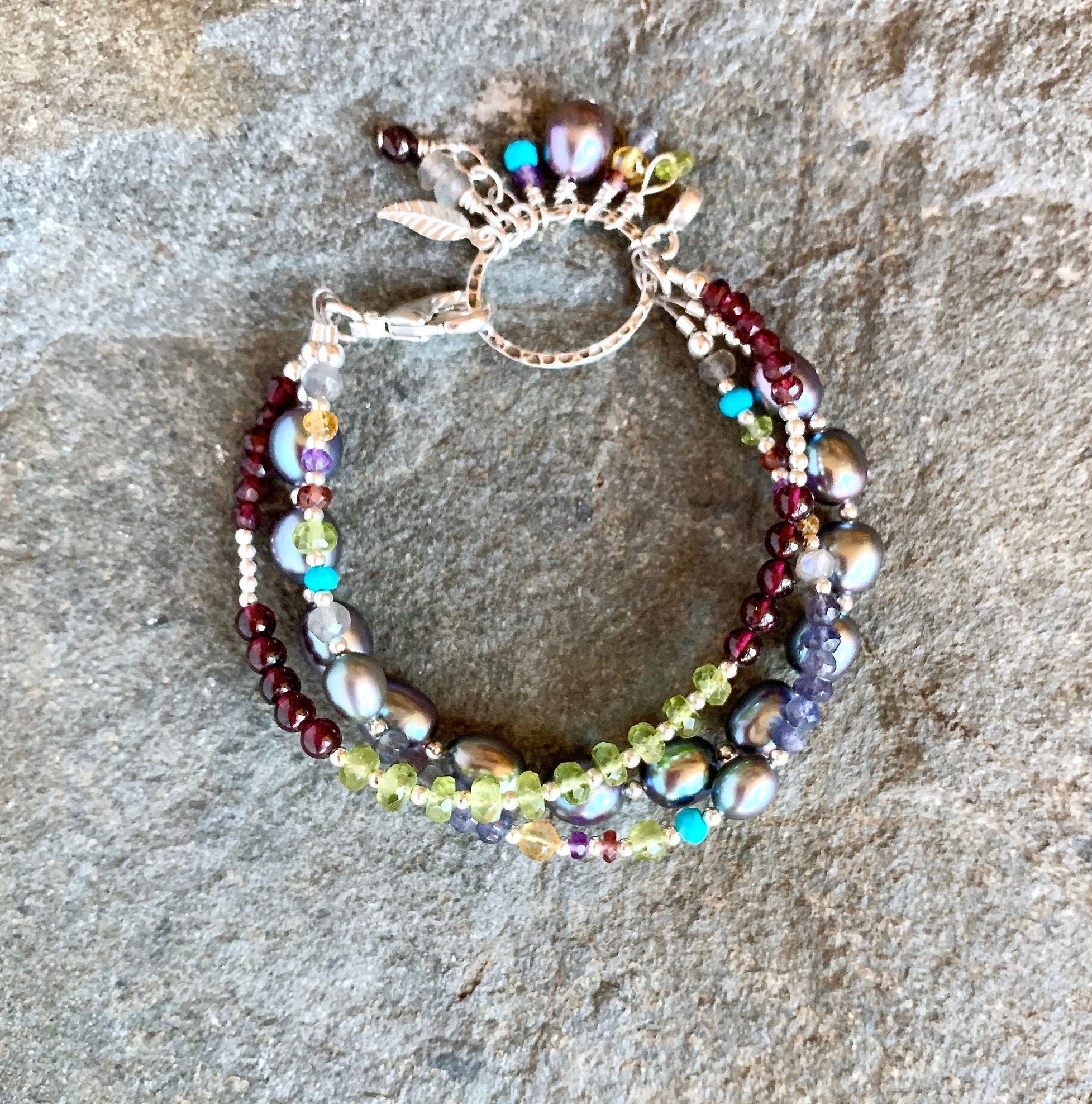 ブレスレット [Retro finger] stone bracelet (3types) Triple Strand Gemstone Bracelet, Sterling Silver, 3 Strands