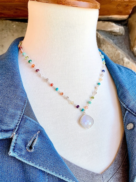 Flower Necklace with Crystals and Satellite Saturn Bead Chain Flower Necklace with Crystals and Satellite Saturn Bead Chain