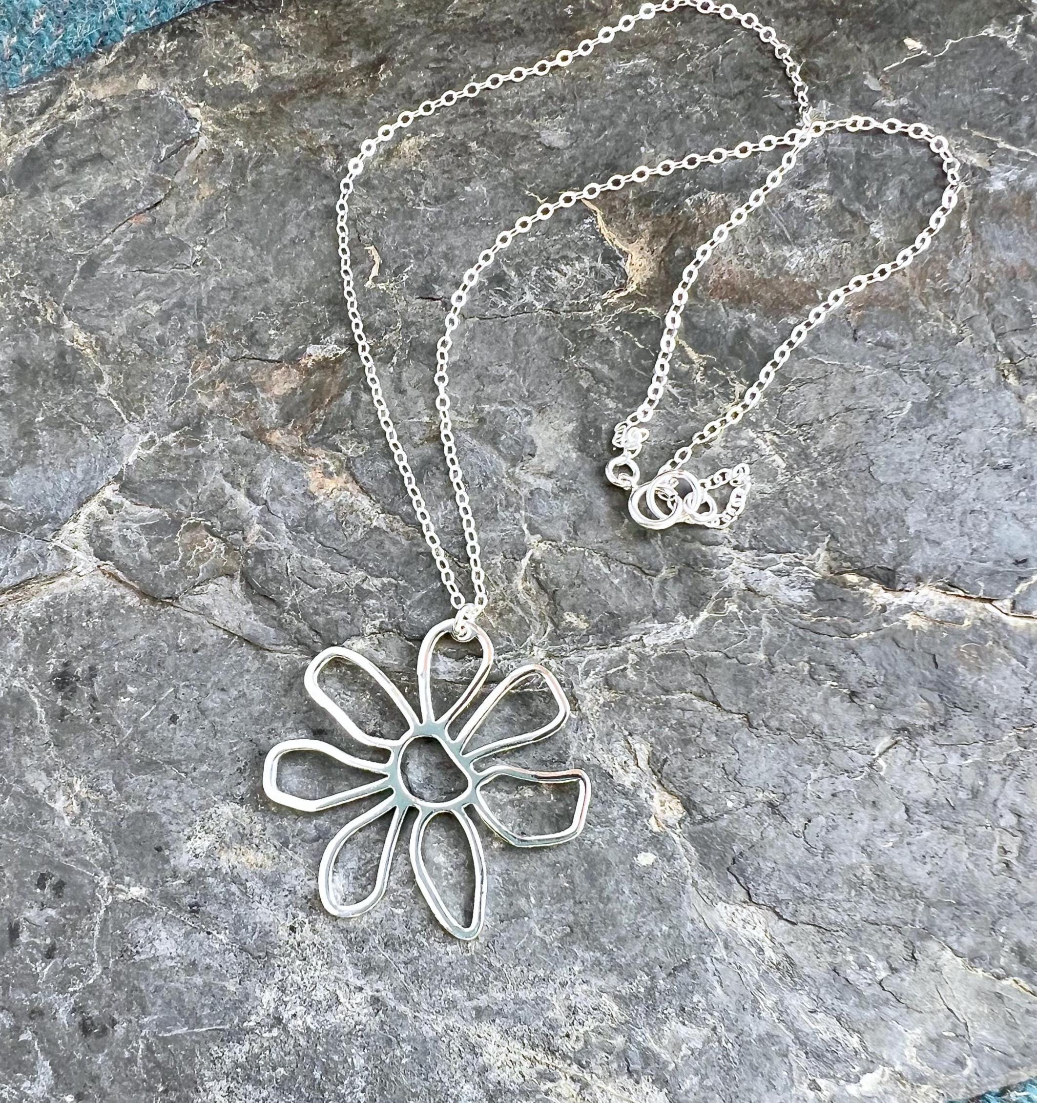 Large Sterling Silver Daisy Necklace, Open Flower Charm, Cut Out