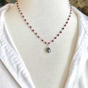 Garnet Necklace, Sterling Silver, Gray Pearl Pendant, Rosary Chain, Boho Necklace, Beaded Necklace with Pearl Drop, Beaded Garnet Chain