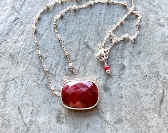 Ruby Necklace, Bezel Ruby Pendant, Sterling Silver Satellite Chain, Layering Necklace, Ruby Jewelry, July Birthstone, Rectangle Ruby Stone