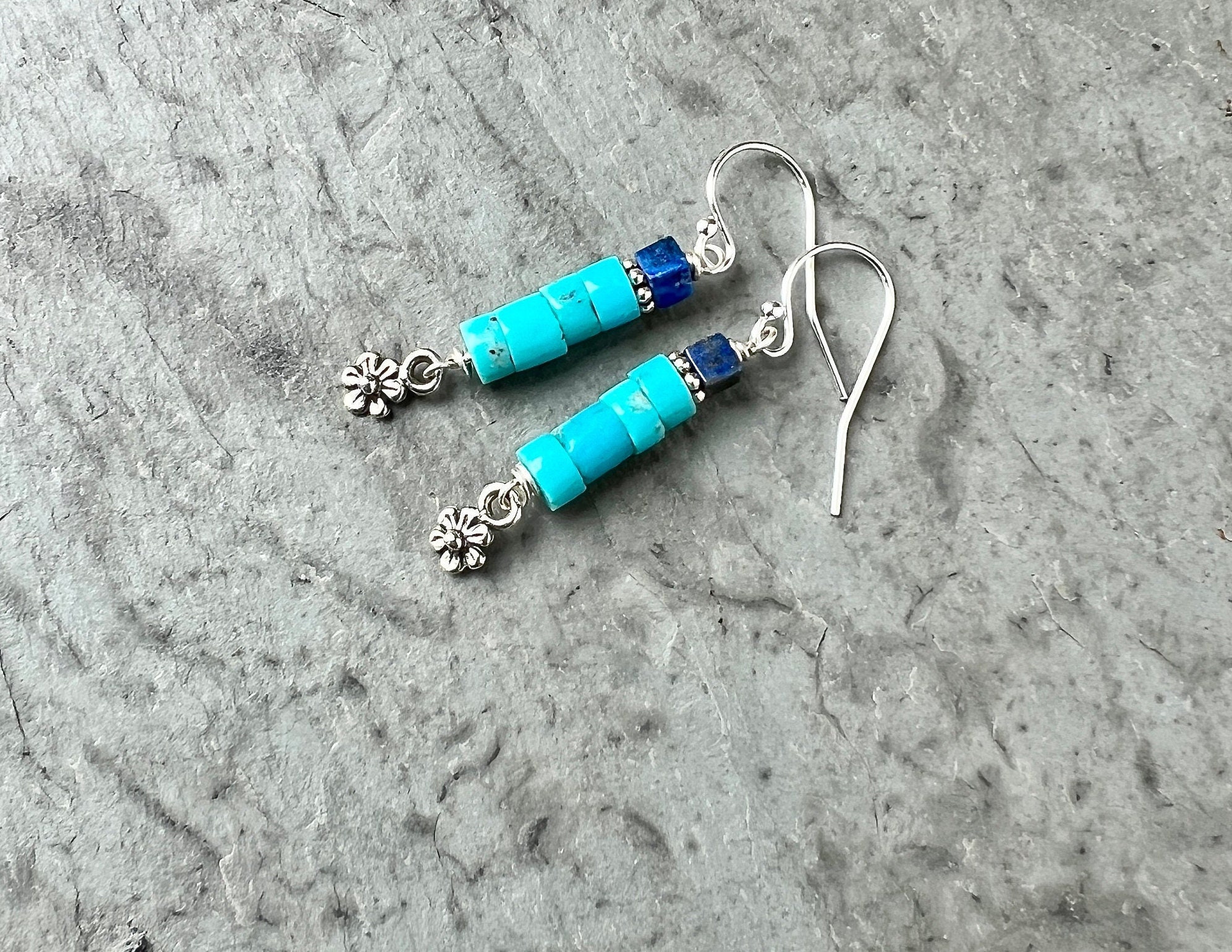 Lapis & Campitos Turquoise Sterling Silver Earrings: Flower Drops