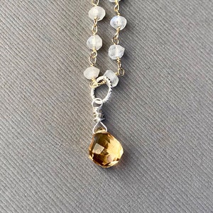 Moonstone Necklace, Citrine Necklace, Rosary Chain, Beaded Necklace, Citrine Teardrop, Sterling Silver, Rainbow Moonstone, Yellow Gemstone