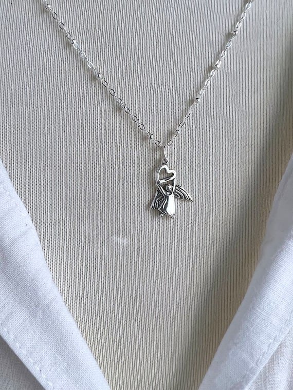 Sterling Silver Angel Necklace: Guardian Angel Heart Pendant