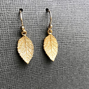 Gold Leaf Earrings, Tiny Leaf Earrings in Gold, Minimalist Drop Earrings, Gold Plated Sterling Silver, Nature Jewelry, Realistic Leaves