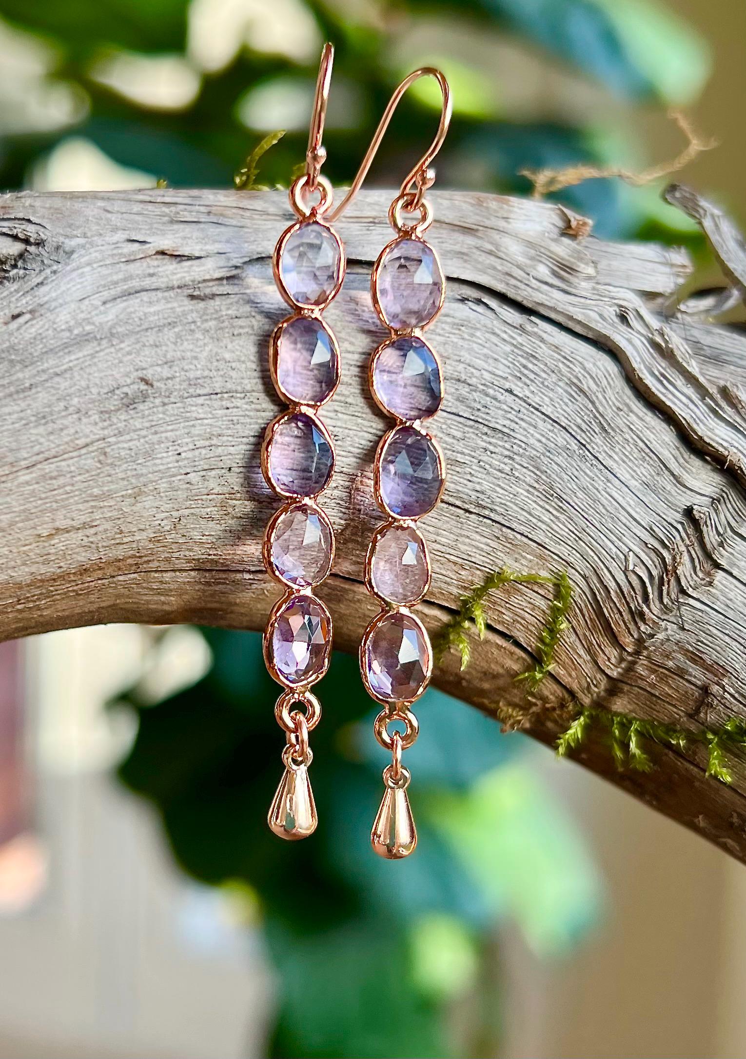 Pink Amethyst Earrings in Rose Gold, 2-1/2 Inch Long Amethyst Drop