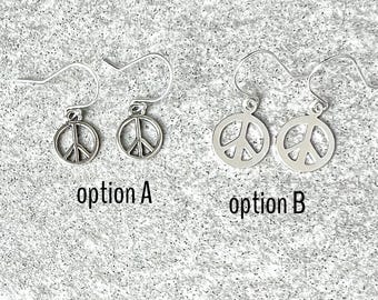 Sterling Silver Peace Sign Earrings, Dainty Charm, Hippie Jewelry, World Peace