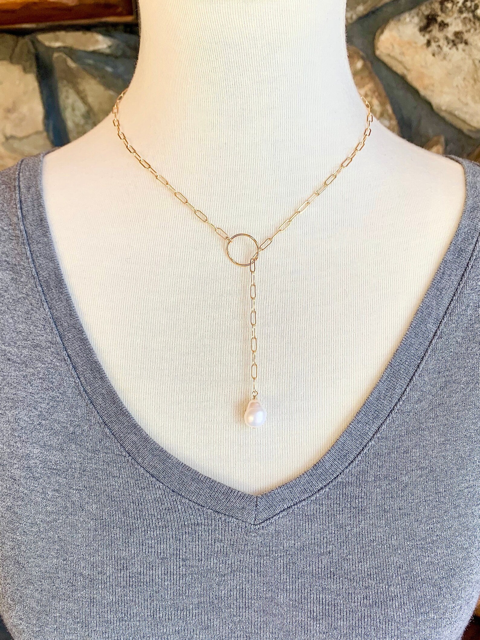 Gold Paperclip Chain Necklace With Pearl Gold Filled Lariat Etsy