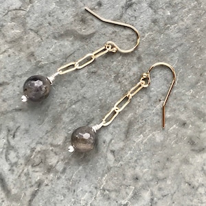 Black Labradorite Earrings, Gold Chain Earrings with Gray Stone Ball, Mixed Metal Gemstone Earrings, Modern Earrings, Gold Paperclip Chain