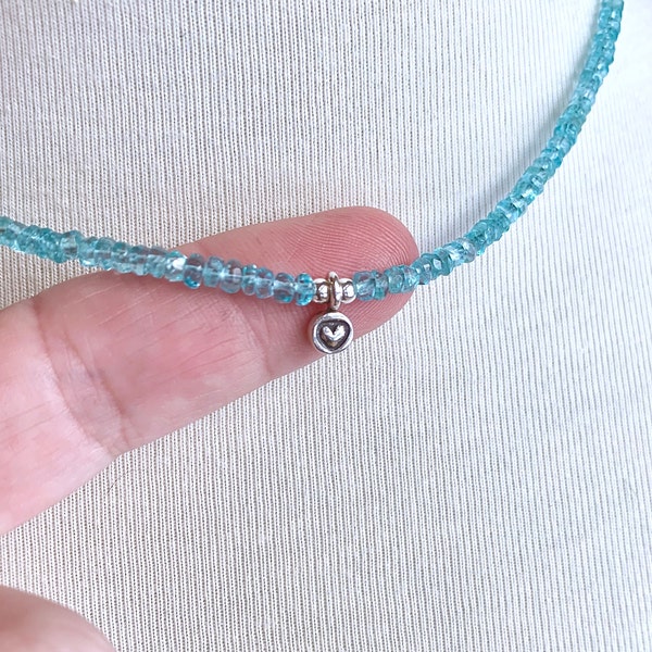 Aqua Apatite Necklace, Hill Tribe Silver, Aqua Beaded Necklace, Tiny Heart Charm, Small Gemstones, Clear Blue Gemstone Choker, Gift for Her