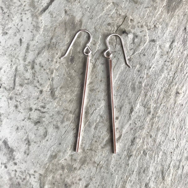 Sterling Silver Stick Earring, Long Thin Silver Bar, Dangle Bar Earring, Minimal Line, Skinny Silver Stick Drop Earring, Long Thin Tube