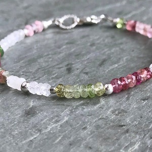 Tourmaline Bracelet, Sterling Silver, Moonstone Bracelet, Dainty Beaded Bracelet, Pink Tourmaline, Green Tourmaline, Watermelon Tourmaline