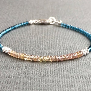 Color Change Garnet and London Blue Topaz Bracelet, Boho Skinny, Thin Stacking Bracelet, Dainty Beaded, Tiny Gemstones, Sterling Silver