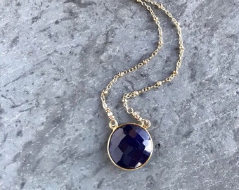 Sapphire Necklace, Gold Fill, Gold Edge Pendant, Satellite Chain, Boho Layering, Dark Blue Sapphire Jewelry, Special September Birth