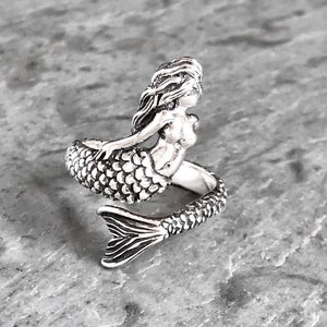 Sterling Silver Mermaid Ring, Mermaid Jewelry, Adjustable Ring, Mermaid Wrap Ring, Sea Siren, Little Mermaid, Unique Gift, Solid Silver Ring