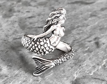 Sterling Silver Mermaid Ring, Mermaid Jewelry, Adjustable Ring, Mermaid Wrap Ring, Sea Siren, Little Mermaid, Unique Gift, Solid Silver Ring