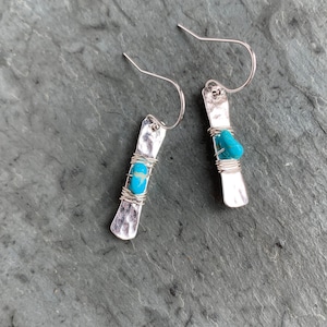 Sleeping Beauty Turquoise Earring, Sterling Silver, Wire Wrapped, Hammered Silver Bar, Silver Stick with Blue Turquoise, Casual Boho Earring