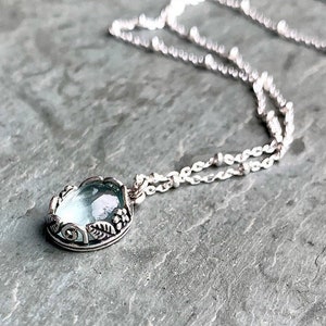 Aquamarine Necklace, Sterling Silver, Oval Pendant, Satellite Chain, Smooth Cabochon, Pale Aqua Pendant, Dainty Silver Chain