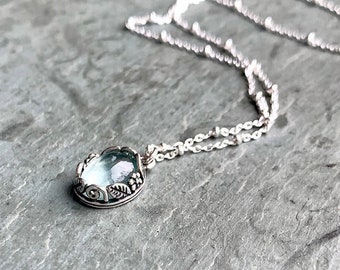 Aquamarine Necklace, Sterling Silver, Oval Pendant, Satellite Chain, Smooth Cabochon, Pale Aqua Pendant, Dainty Silver Chain