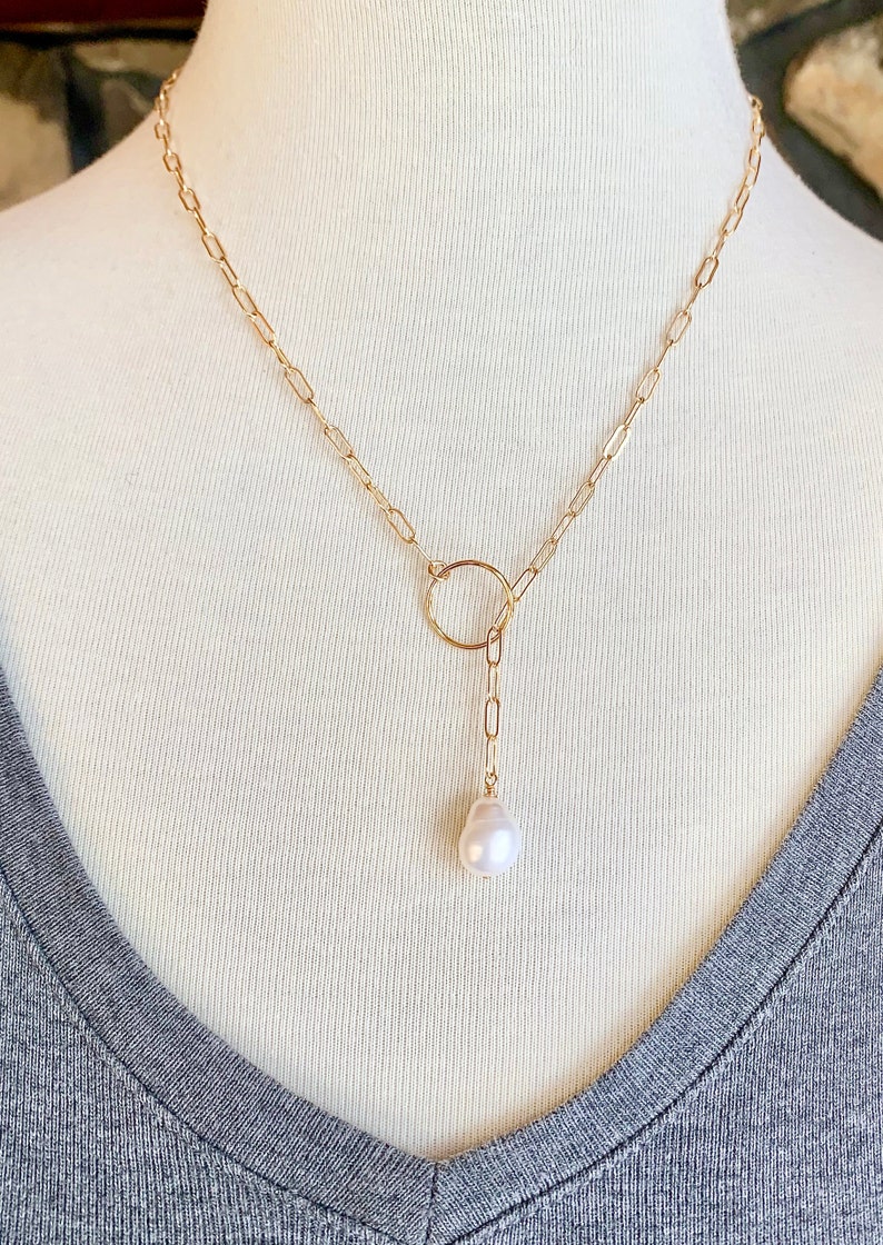 Gold Paperclip Chain Necklace with Pearl, Gold Filled Lariat Necklace with Large Pearl Drop, Baroque Pearl on Rectangle Chain, Chic Modern image 1