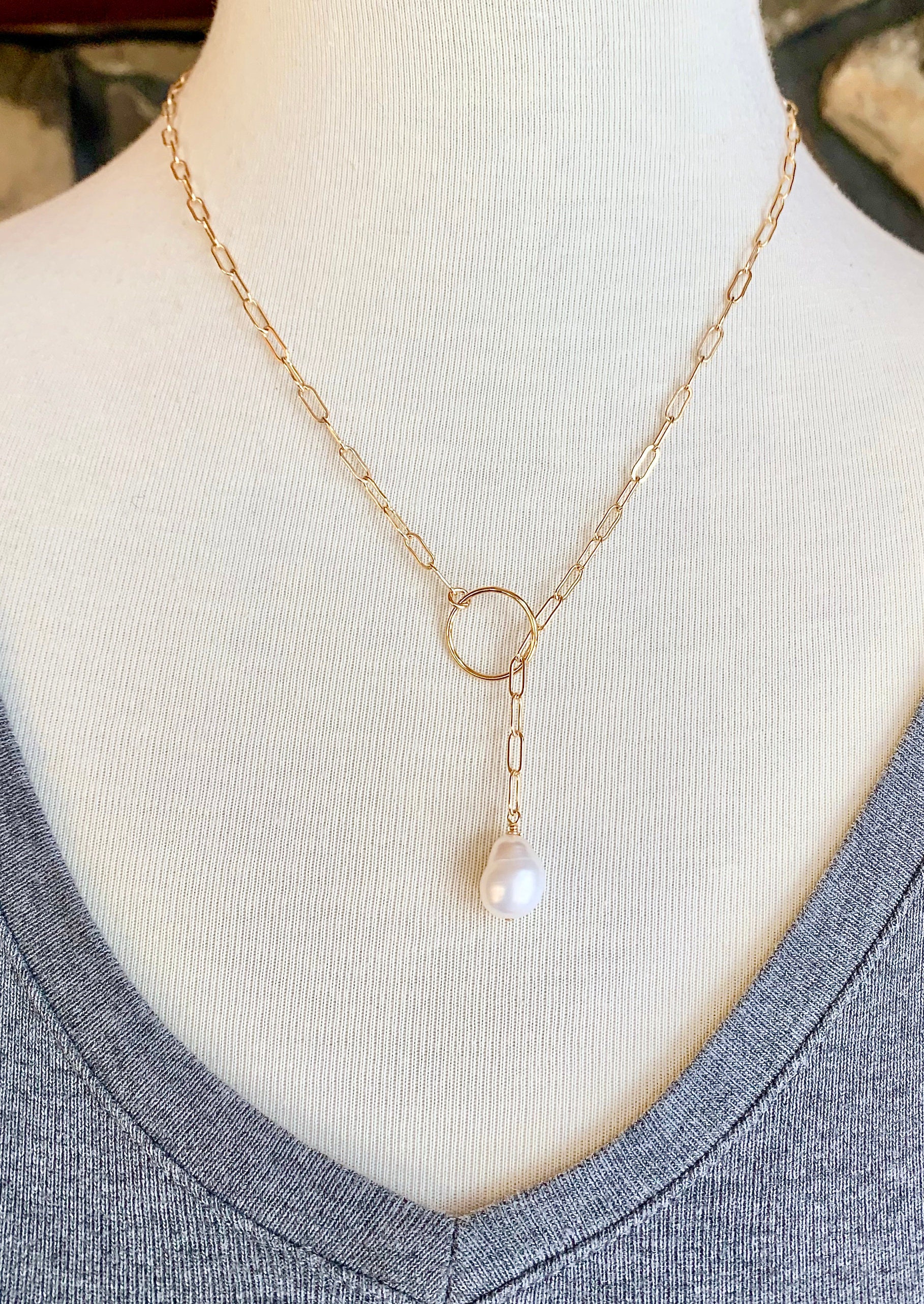 Gold Paperclip Chain Necklace With Pearl Gold Filled Lariat Etsy