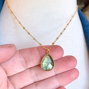 Labradorite Necklace, Gold Filled Satellite Chain, Flashy Stone, Bezel Framed Pendant, Labradorite Jewelry, Teardrop Pendant, Gift Idea