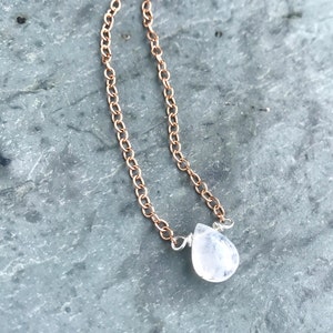 Moonstone Necklace, Rose Gold Chain, Tiny Moonstone Teardrop, Small Moonstone Pendant, Dainty Choker, Minimal Layering Necklace, Mixed Metal