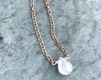 Moonstone Necklace, Rose Gold Chain, Tiny Moonstone Teardrop, Small Moonstone Pendant, Dainty Choker, Minimal Layering Necklace, Mixed Metal