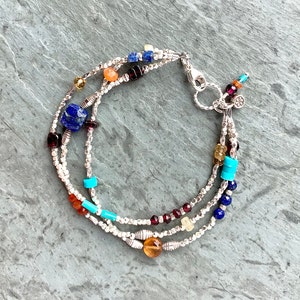 Three Strand Gemstone Bracelet, Sterling Silver, 3 Strands, Colorful Boho Beaded Bracelet, Silver Nugget Beads with Gemstones, Pretty Gift