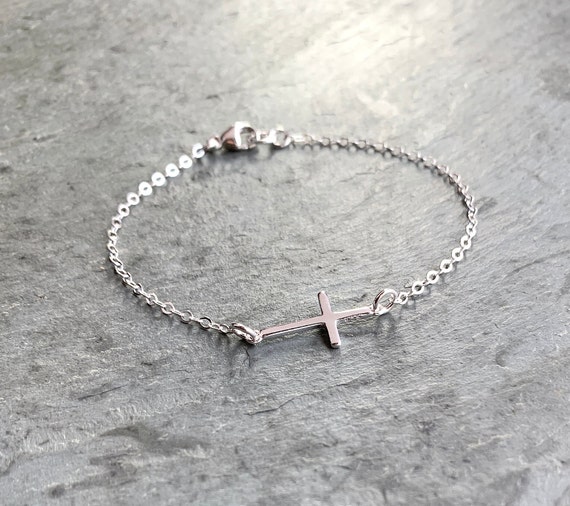 Sterling Silver Sideways Cross Bracelet: Tiny Charm, Religious
