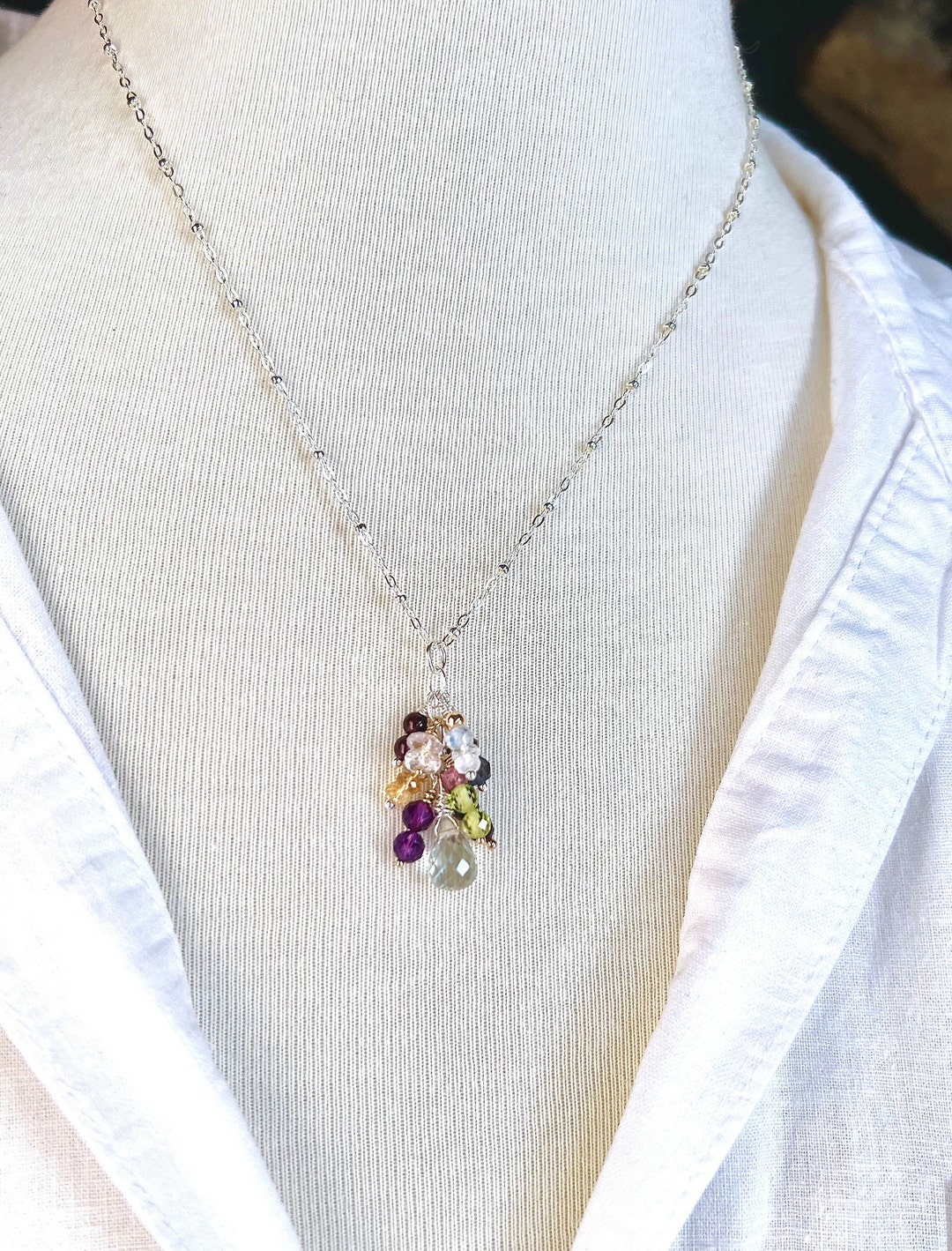 Gemstone Cluster Necklace, Sterling Silver, Pendant of Wire Wrapped