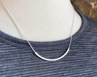 Sterling Silver Tube Necklace, Minimal Silver, Noodle Necklace, Simple Layering Necklace, Dainty Silver Bar, Sliding Tube, Long Curved Bar