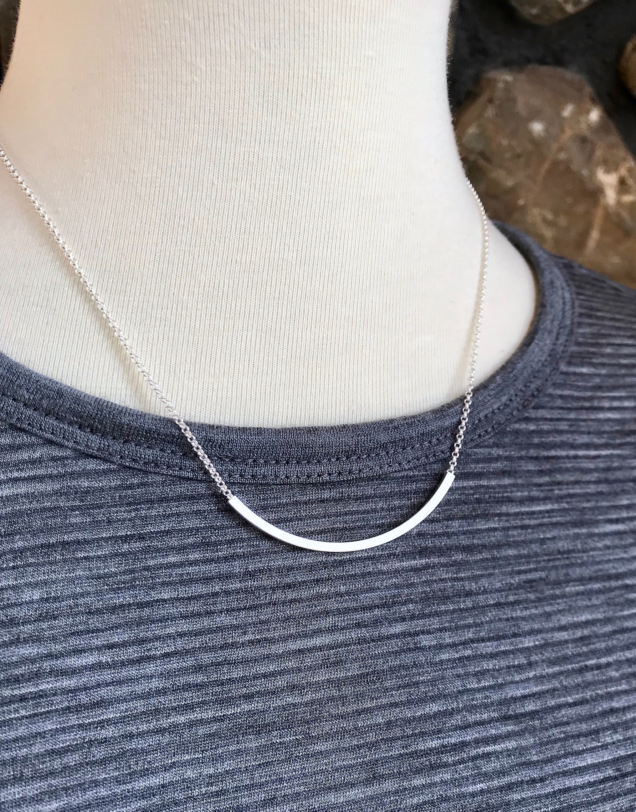 Sterling Silver Tube Necklace, Minimal Silver, Noodle Necklace, Simple Layering Necklace, Dainty Silver Bar, Sliding Tube, Long Curved Bar