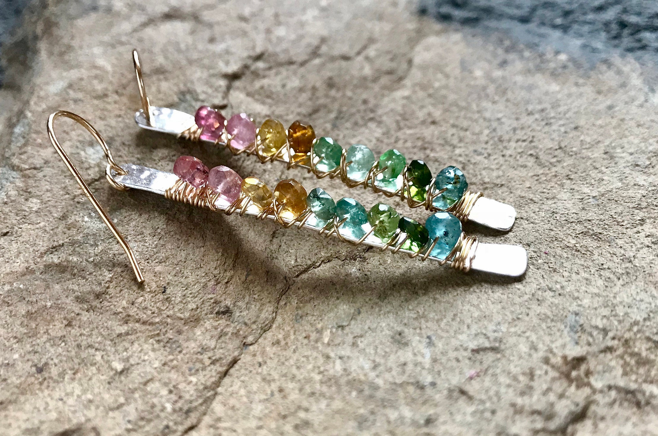 tourmaline-earring-gold-and-silver-wire-wrapped-hammered-silver-bar