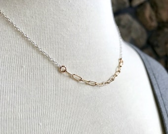 Silver and Gold Necklace, Gold Filled and Sterling Silver Chain, Gold Layering Necklace, Mixed Metal Necklace, Gold Paperclip Link Chain