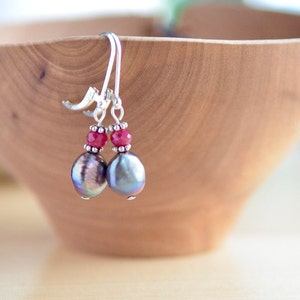 Ruby and Pearl Earrings, Sterling Silver, Dainty Ruby Earrings, Ruby Drop Earrings, Pretty Earrings for Her, Gift Under 40, June Birthstone