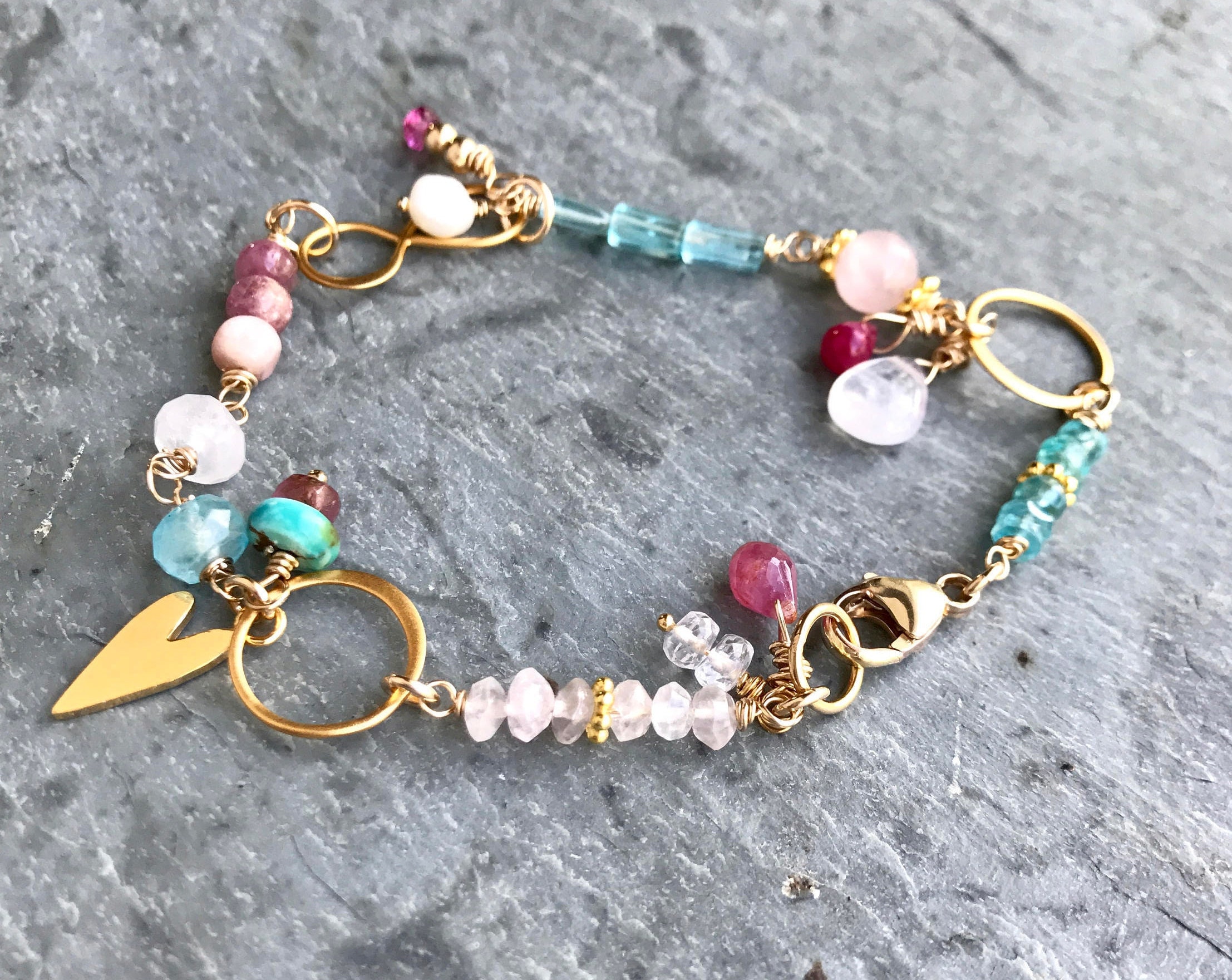 Whimsical Gemstone Bracelet, Gold Fill, Ruby Bracelet, Pink Sapphire  Bracelet, Gold & Pink, Infinity Charm, Wire Wrapped, Glam Gift for Her -  Etsy