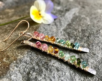 Tourmaline Earring, Gold and Silver, Wire Wrapped, Hammered Silver Bar, Long Earring, Silver Stick with Gemstones, Boho Earring, Mixed Metal