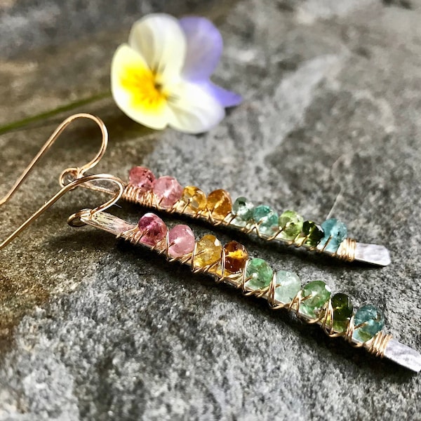 Tourmaline Earring, Gold and Silver, Wire Wrapped, Hammered Silver Bar, Long Earring, Silver Stick with Gemstones, Boho Earring, Mixed Metal