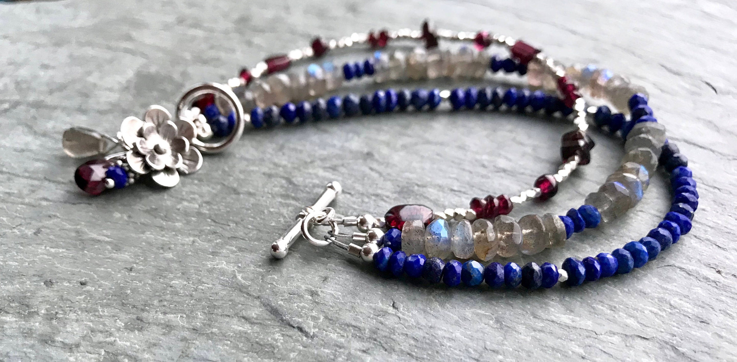 Triple Strand Gemstone Bracelet, Sterling Silver, 3 Strands ...