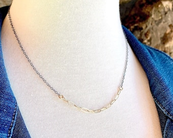 Two-Tone Paperclip Necklace: Gold Filled & Oxidized Silver Chain, Layering Necklace, Mixed Metal