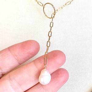 Gold Paperclip Chain Necklace with Pearl, Gold Filled Lariat Necklace with Large Pearl Drop, Baroque Pearl on Rectangle Chain, Chic Modern image 7