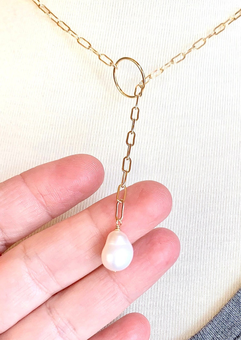 Gold Paperclip Chain Necklace with Pearl, Gold Filled Lariat Necklace with Large Pearl Drop, Baroque Pearl on Rectangle Chain, Chic Modern image 7
