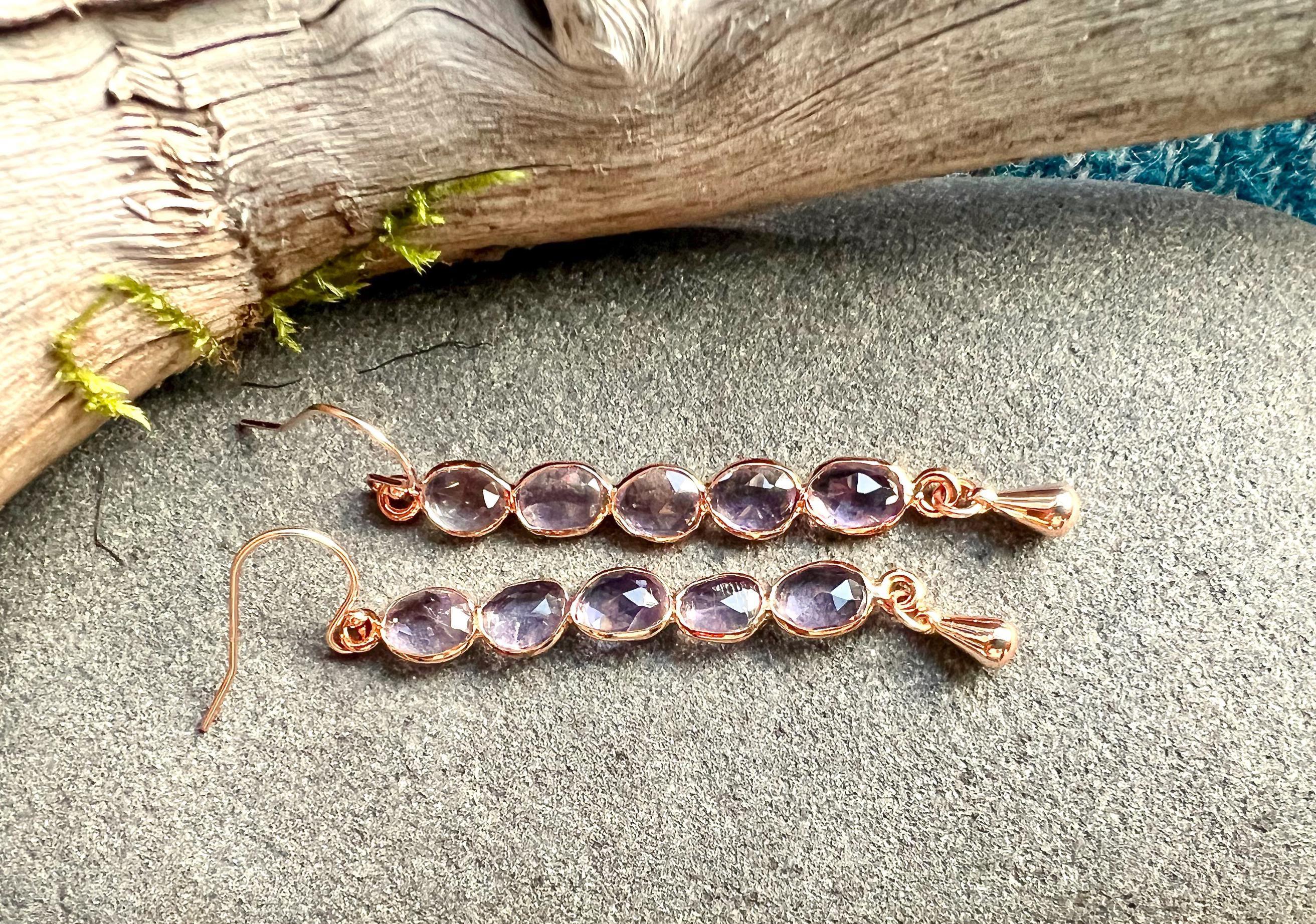 Pink Amethyst Earrings in Rose Gold, 2-1/2 Inch Long Amethyst Drop