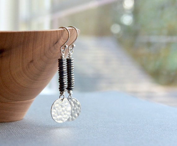 Rainbow Moonstone Earrings with Hammered Disk Drop Polished Sterling Silver Rainbow Moonstone Earrings with Hammered Disk Drop Polished Sterling Silver