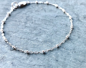 Sterling Silver Satellite Chain Bracelet, Delicate Beaded Anklet