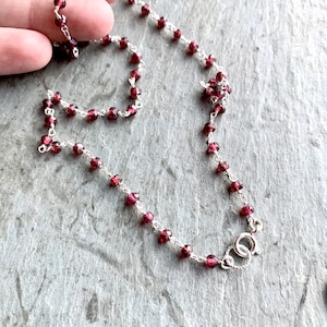 Garnet Necklace, Sterling Silver, Rosary Chain, Boho Necklace, Beaded Garnet Choker, Red Garnet Chain, Tiny Red Gemstones, Layering Necklace