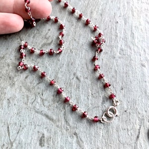 Sterling Silver Garnet Rosary Necklace, Beaded Gemstone Chain, Layering Necklace